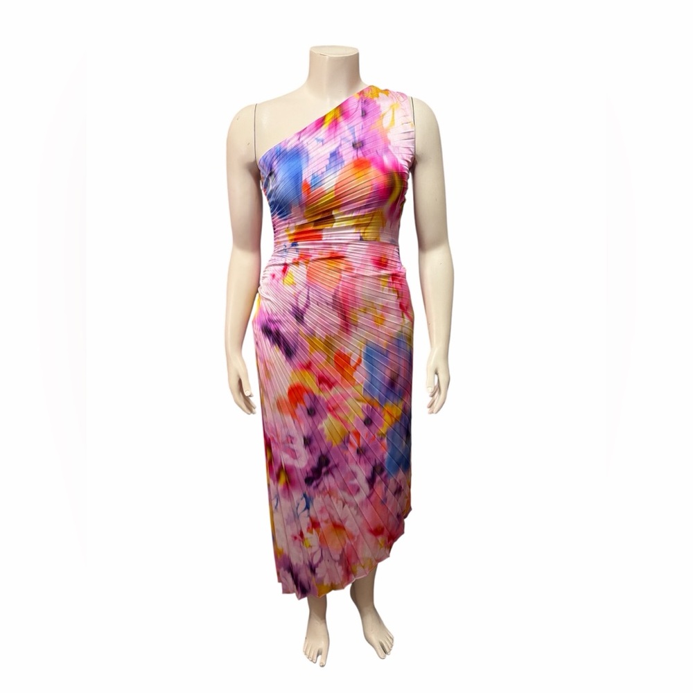 Belle Badgley Mischka Kelsey Accordion Pleat One Shoulder Dress Nwt 8 Pink Multi